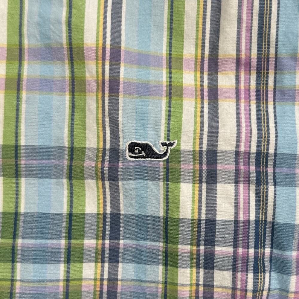 Vineyard Vines slim fit whale shirt Large blue green pink plaid EUC